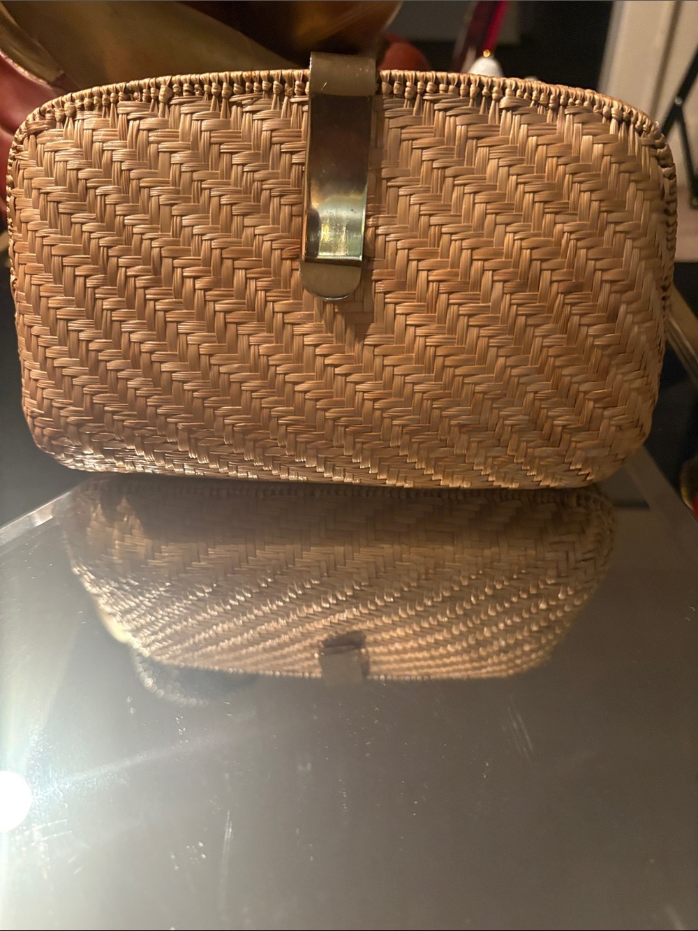 Vintage Woven Straw Clutch Bag W/ Gold Chain in Natural Tan